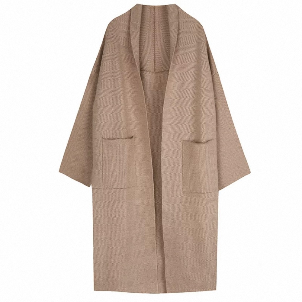 BNWT Beige Long Herringbone Knit Cardigan – Oversized Open Front, Wool Blend